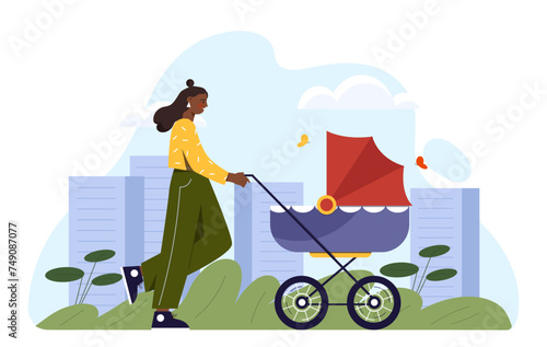Mother with baby outdoor. Young girl with baby stroller walk in city park in sunny day. Motherhood and childooh. Parent care about child. Cartoon flat vector illustration isolated on white background