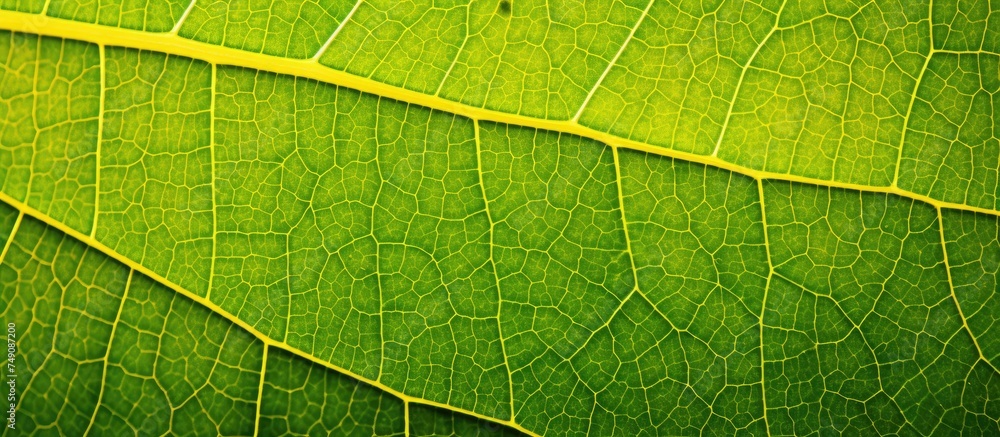 This close up view showcases the intricate details of a vibrant green leaf, highlighting its texture and shades of green and yellow. The macro shot captures the essence of fall foliage in all its This close up view showcases the intricate details of a vibrant green leaf, highlighting its texture and shades of green and yellow. The macro shot captures the essence of fall foliage in all its