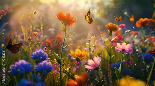 garden in spring with colorful flowers and butterflies © uut