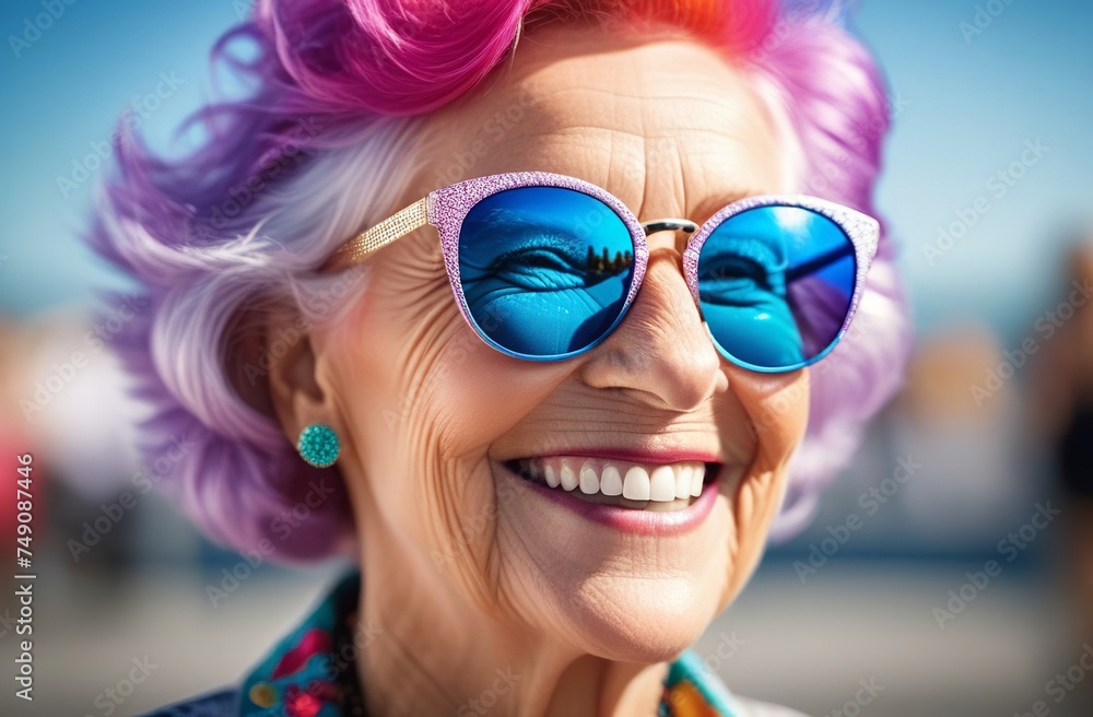 An elderly woman with bright pink hair wearing sunglasses is smiling. A young at heart elderly lady enjoys life on a sunny day. Youth concept. Senior retired woman feels positive vibes. An elderly woman with bright pink hair wearing sunglasses is smiling. A young at heart elderly lady enjoys life on a sunny day. Youth concept. Senior retired woman feels positive vibes.