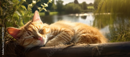 A cat peacefully naps on a ledge next to a body of water, with its paws tucked under its chin. The serene scene captures the felines relaxation by the riverside bank.