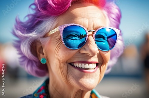 An elderly woman with bright pink hair wearing sunglasses is smiling. A young at heart elderly lady enjoys life on a sunny day. Youth concept. Senior retired woman feels positive vibes.