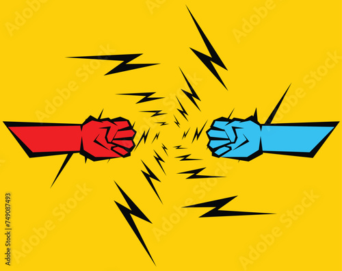 Two hands fighting each other with lightning between dispute, length