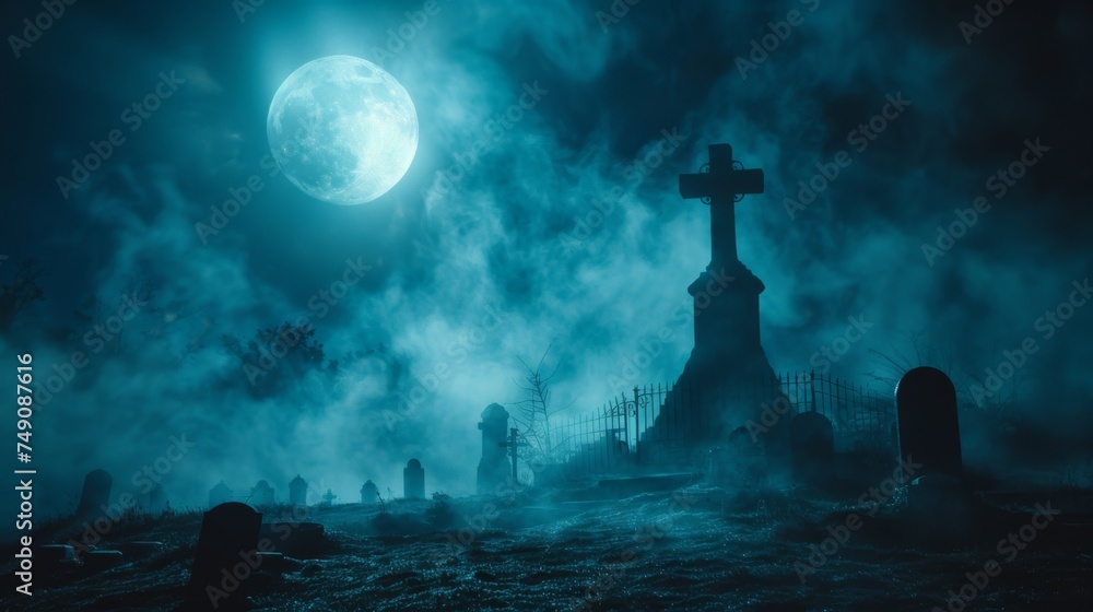 A hauntingly beautiful full moon rises above a fog-covered graveyard, casting eerie shadows