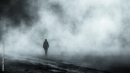 A lone figure walks through a dense fog, their silhouette barely visible against the eerie backdrop