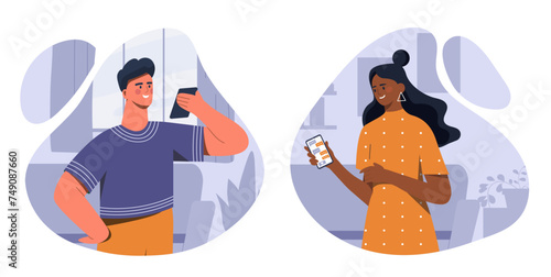 Young couple chatting concept. Man and woman with smartphone send messages to each other. Communication in messengers and social media. Cartoon flat vector illustration isolated on white background