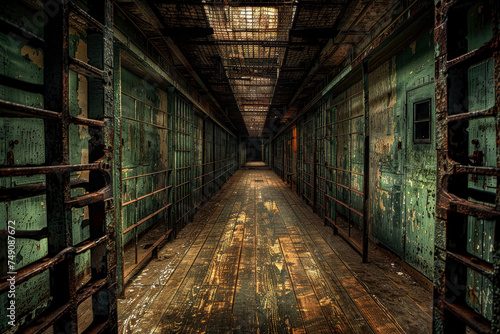 A cell block in an old abandoned prison, generative ai