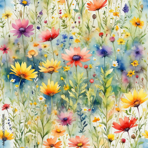 colorful flowers and grass on a watercolor background