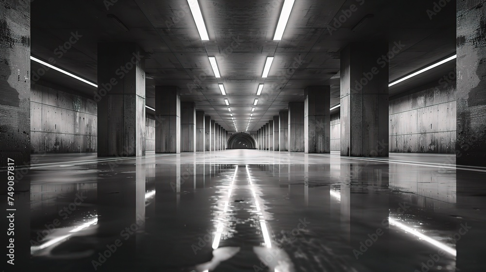 Empty Elegant Modern Grunge Dark Reflections Concrete Underground Tunnel Room With Bright White Lights Background Wallpaper
