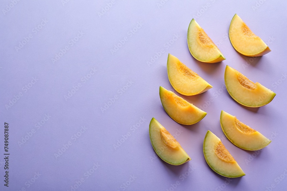 Pieces of sweet melon on lilac background with copy space