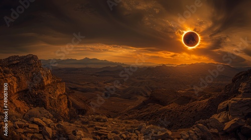 A dramatic eclipse sun an otherworldly glow over a rugged mountain landscape