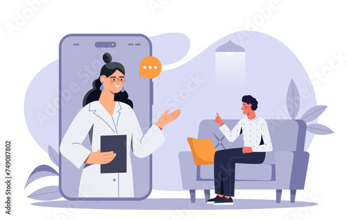 Online medicine concept. Man talking with woman in medical uniform at smartphone screen. Consultation on internet. Distant treatment and diagnosis. Cartoon flat vector illustration