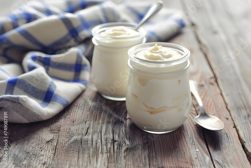 Greek yogurt in glass jars on a wooden table healthy dairy diet food for breakfast