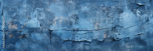 Blue grunge background with scratches. Dirty navy cement textured wall. Vintage wide long backdrop use for design web banner with scratches and cracks. Old stained dark concrete  distressed texture