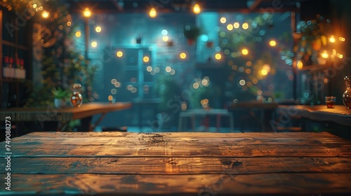 Empty wood table top and blur of cafe restaurant in dark night background