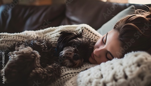 woman sleeping cuddled with a cute puppy poodle dog relaxing on couch sweater warm fall autumn winter vibes snuggled up 