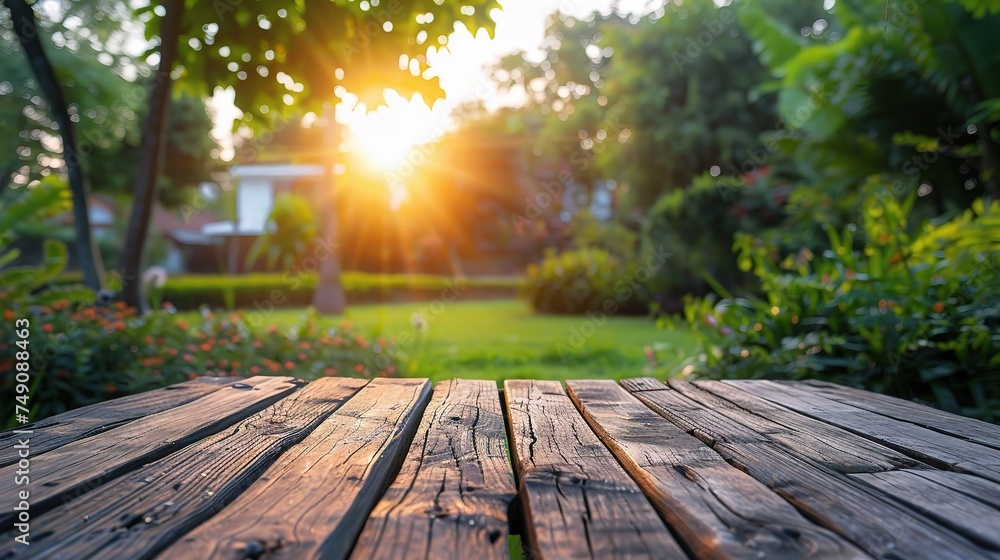 Empty wood table top on blue abstract green from garden