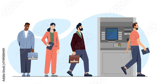 People ATM queue concept. Men and woman near terminal with banknotes. Financial and banking operations. Guys and girls standing in line. Cartoon flat vector illustration isolated on white background