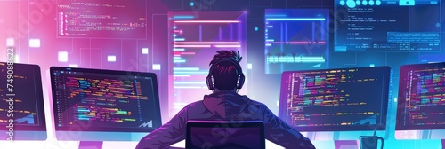 Back view of a developer coding late at night - An illustrated back view of a male developer programming with multiple screens in a modern and neon-lit environment