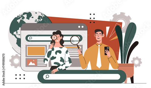 People using search concept. Man and woman with magnifying glass searchin information and knowledges on internet. Users looking for interesting content. Cartoon flat vector illustration