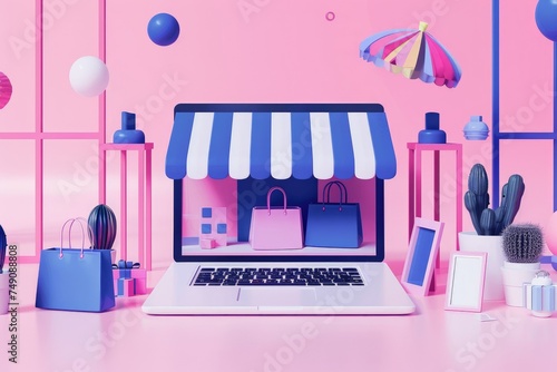 Online Shopping Concept with Digital Elements - A computer displays a storefront with floating items around, symbolizing online shopping and digital marketplace photo