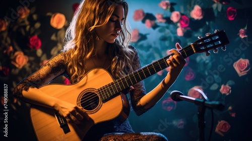 Beautiful young woman playing the guitar on a dark background with roses
