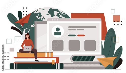 Personal profile at website. Woman with account in social networks and messengers. Young girl with laptop logs in her social media profile, authorization. Cartoon flat vector illustration