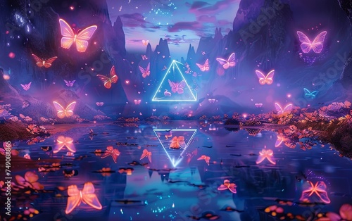 Butterflies floating over a lake light neon glowing on night sky background. for template graphic design artwork. copy text space.