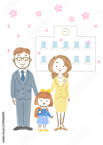 桜が舞う小学校の前で、入学式に臨む親子3人の手描きイラスト