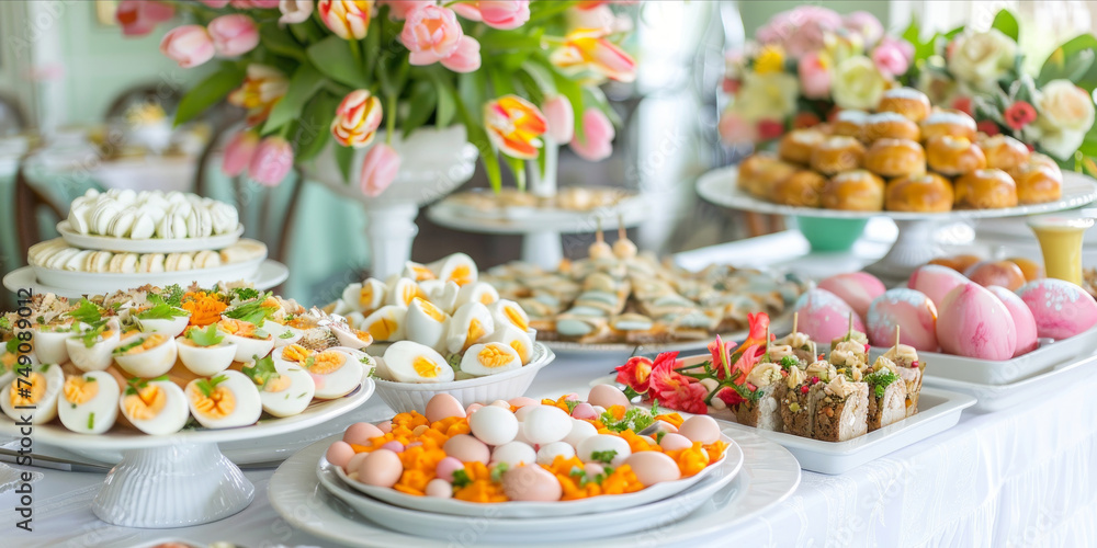 Easter brunch buffet. Food and snacks, variety of meats, cheese selections, eggs and pastries. Colorful spring flowers decoration. Gastronomy catering concept