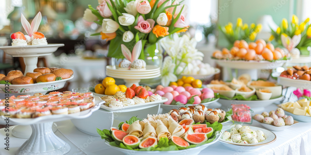 Easter brunch buffet with food and snacks, variety of meats, cheese selections and pastries. Spring flowers decoration. Catering gastronomy concept Easter brunch buffet with food and snacks, variety of meats, cheese selections and pastries. Spring flowers decoration. Catering gastronomy concept