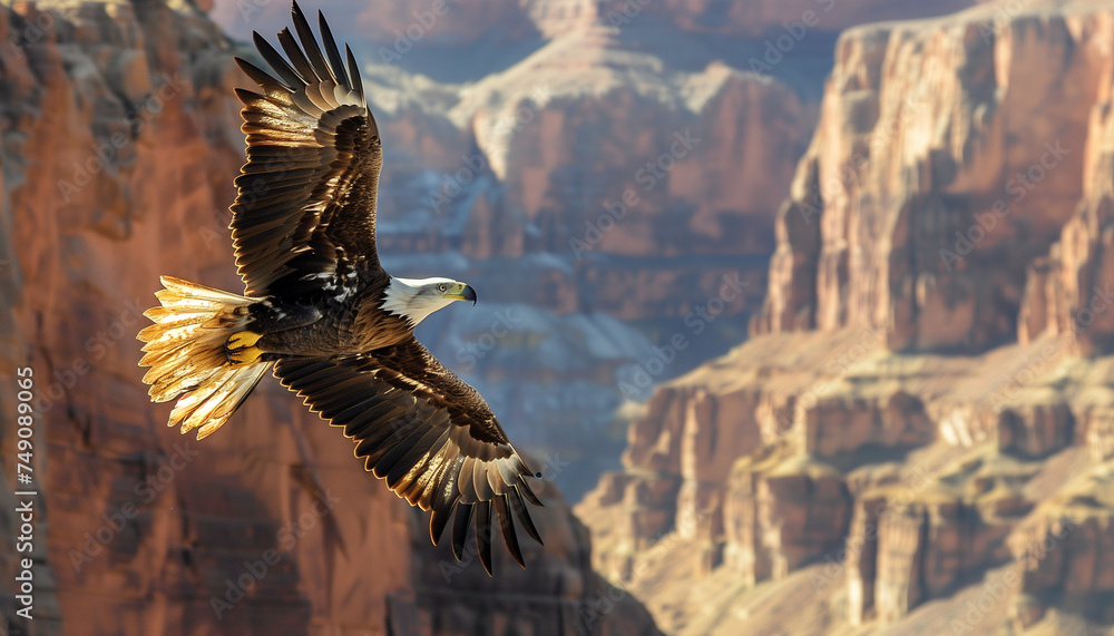 Fototapeta premium An eagle soars with outstretched wings in front of a grand canyon landscape
