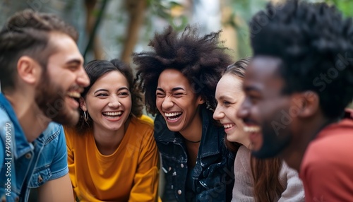 group of young college friends laughing together diverse group male female happy joy hysterical photo