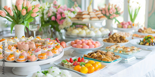 Easter brunch buffet with food and snacks, variety of meats, cheese selections, eggs and pastries. Colorful spring flowers decoration photo