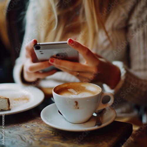 Asian women use smartphone in cafe drinking hot latte art. generated by ai
