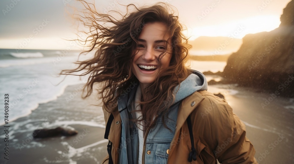 Happy Young Woman Smiling at Sunset on a Windy Beach with Waves
