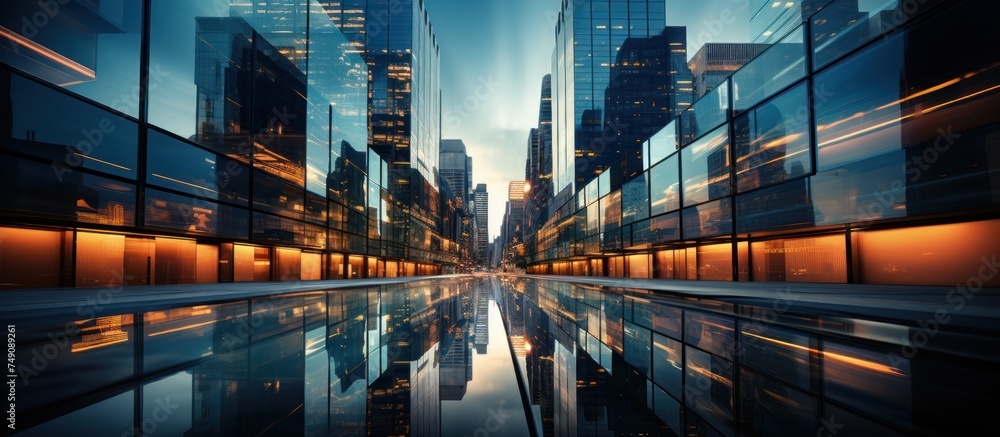 Cityscape of modern business district with glass skyscrapers and reflections