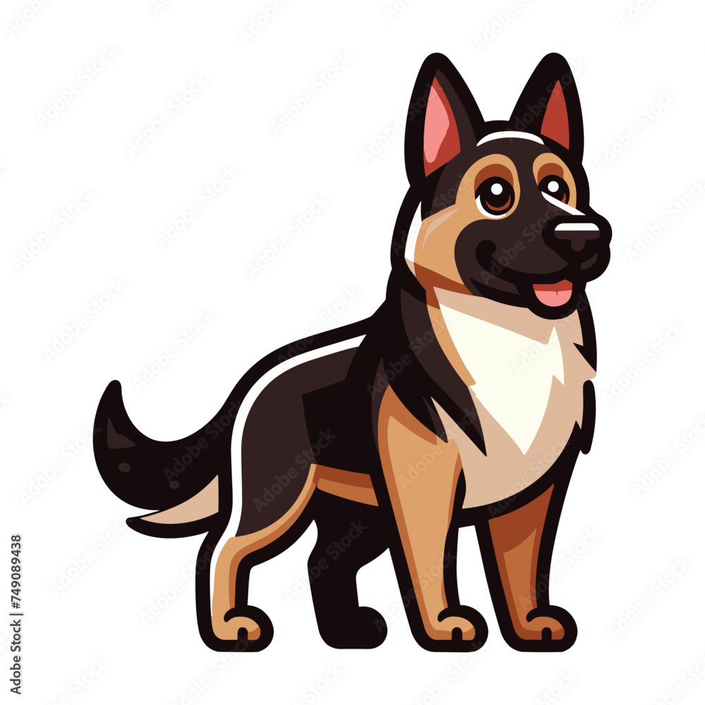German shepherd dog cartoon mascot character vector illustration, cute adorable family pet, friendly dog full body design template isolated on white background German shepherd dog cartoon mascot character vector illustration, cute adorable family pet, friendly dog full body design template isolated on white background