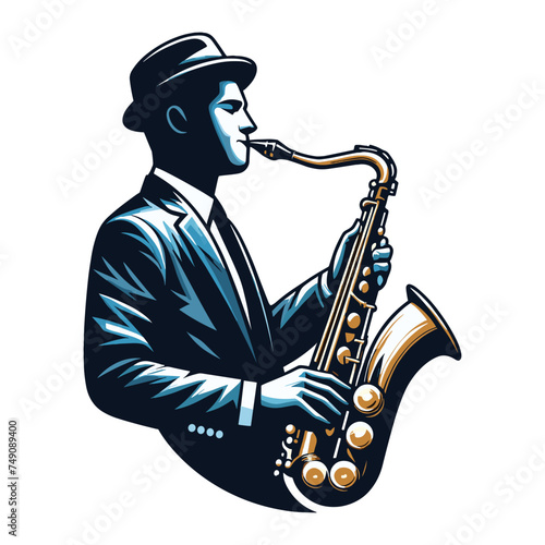 Musician playing saxophone, music player performing solo, holding sax instrument in hands, man saxophonist, jazz and blues performance. Flat vector illustration isolated on white background