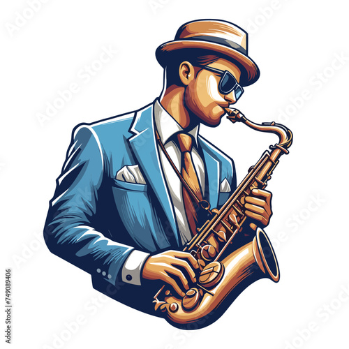 Musician playing saxophone, music player performing solo, holding sax instrument in hands, man saxophonist, jazz and blues performance. Flat vector illustration isolated on white background