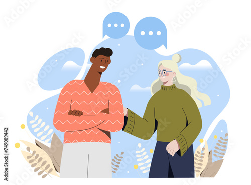 Positive communication concept. Man and woman tell about something. Good relations. Friends or young couple at romantic meeting. Cartoon flat vector illustration isolated on white background
