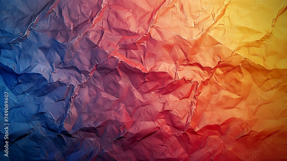 A crumpled paper background displays a smooth gradient creating a visually intriguing and unique texture. Paper background with folds and wrinkles in a rustic feel.