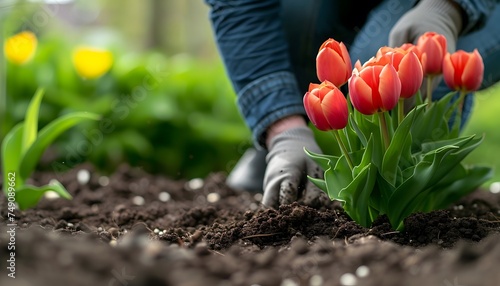 Fototapeta Naklejka Na Ścianę i Meble -  woman gardening planting flowers red tulips in soil 