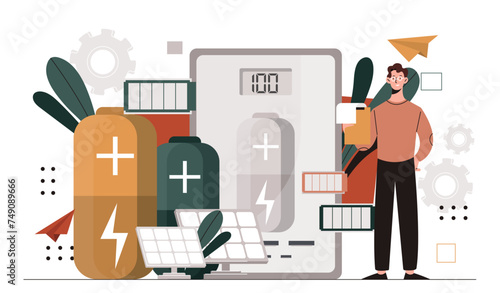 Man with powerbank concept. Cartoon flat vector illustration