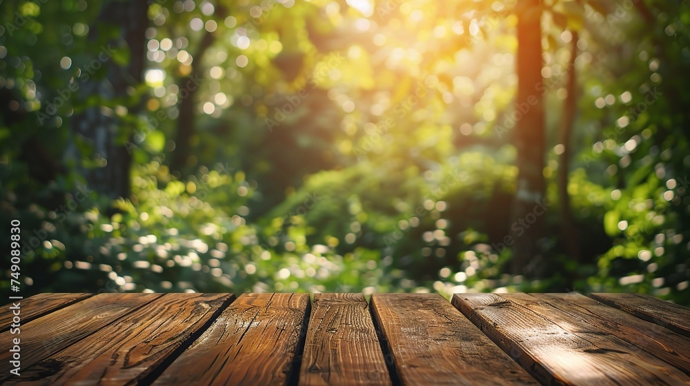 Empty wooden table over bokeh natural background Empty wooden table over bokeh natural background