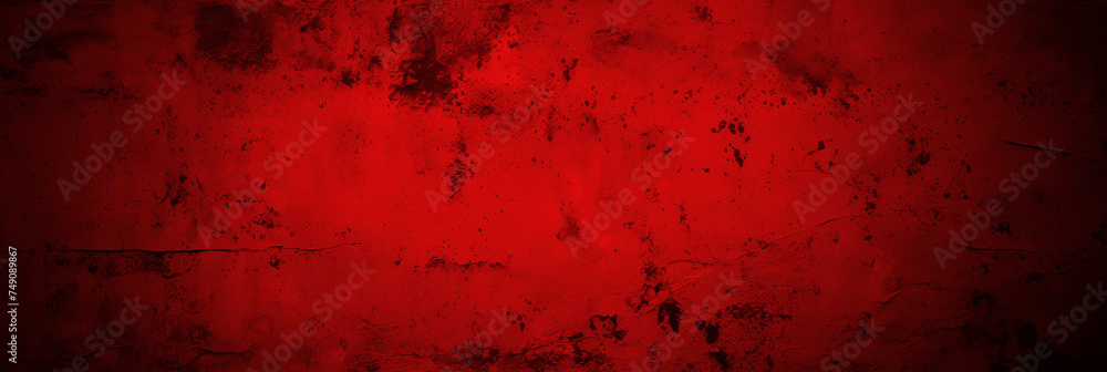 Red grunge background with scratches dirty scarlet burgundy cement textured wall. Vintage wide long backdrop for design web banner