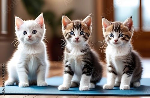 Three cute little kittens. Adorable white and tabby cats sitting and looking at the camera. Pets concept. Veterinary clinic or shop business poster.