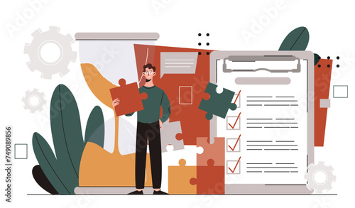 Project management concept. Man in glasses with puzzles. Time management and organization of efficient work process. Successful and hardworking employee. Cartoon flat vector illustration