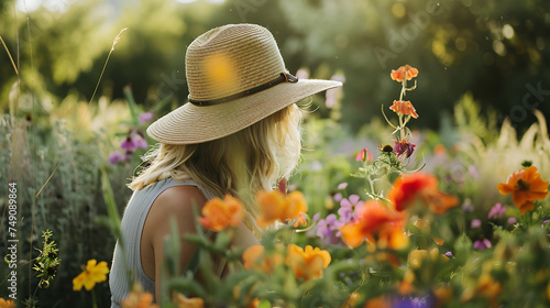 Cuidando de flores coloridas em um jardim rústico uma mulher com chapéu de palha em meio a natureza photo