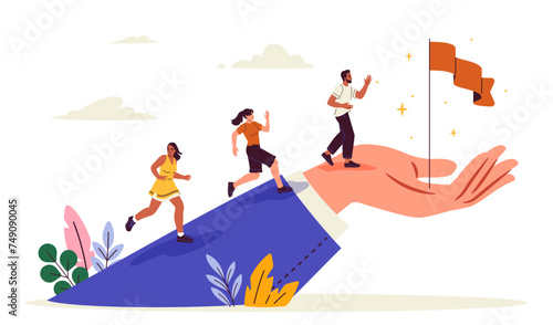 Pursuit of leadership concept. Big hand of boss with employees. Organizing efficient work process. Workers go to flag. Cartoon flat vector illustration isolated on white background
